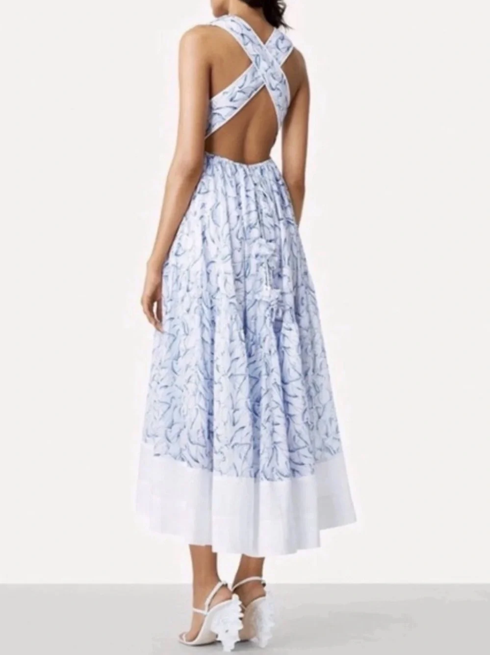 Tory Burch Light Blue Leaf-Print Cross-Back High-Low Dress - 80% OFF MSRP